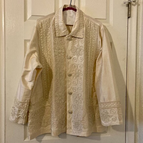 Excellent Condition, SZ 1X, Raw Silk Jacket w/ Soutache Embroidery, Ivory - Picture 1 of 5